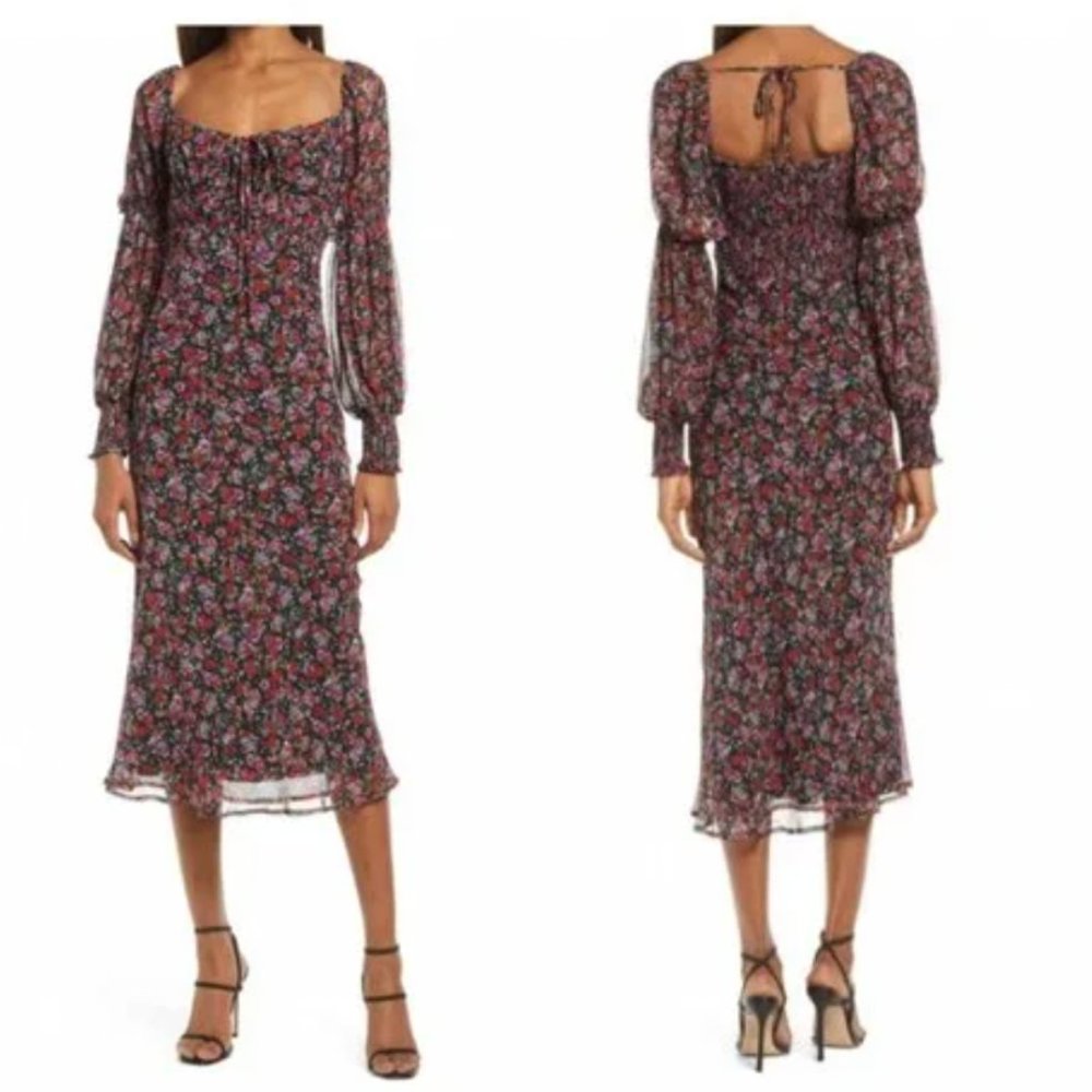 NWT Floret Studios (Nordstrom) Chiffon Black Floral Peasant Dress |  Large